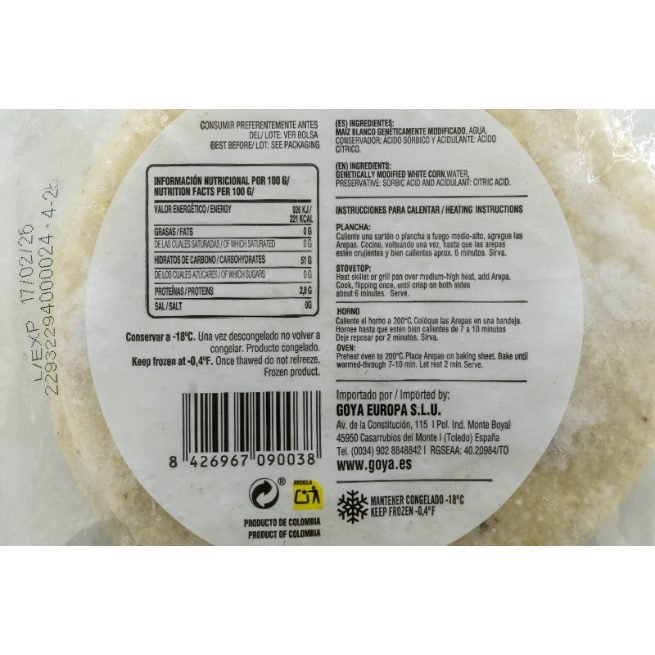 Arepas de maíz blanco congeladas Goya en paquete de 10 unidades Arepas de maíz blanco congeladas Goya en paquete de 10 unidades