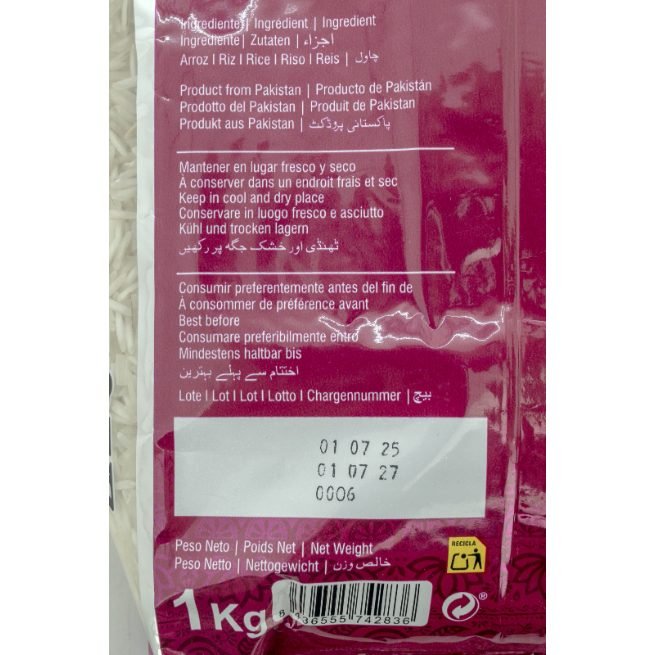 Arroz basmati aromático Zaiqa en envase de 1 kg Arroz basmati aromático Zaiqa en envase de 1 kg