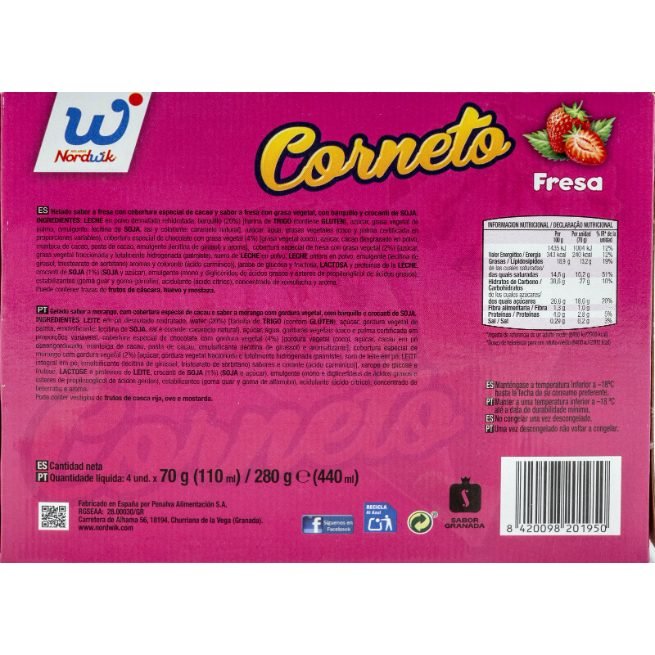 Corneto de helado de fresa con nata y cobertura de chocolate marca Nordik Corneto de helado de fresa con nata y cobertura de chocolate marca Nordik