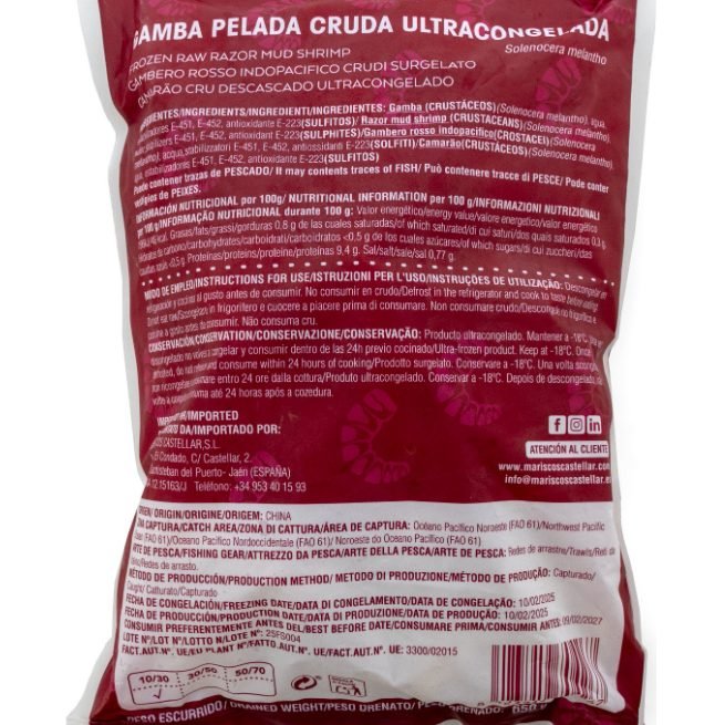 Gamba pelada cruda congelada calibre XL en envase Castellar Gamba pelada cruda congelada calibre XL en envase Castellar