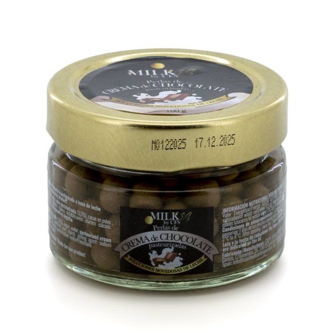 Perlas de crema de chocolate pasteurizadas en tarro de cristal de 100 gramos Perlas de crema de chocolate pasteurizadas en tarro de cristal de 100 gramos