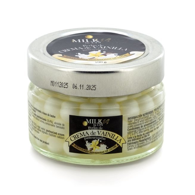 Perlas de crema de vainilla pasteurizadas en tarro de cristal de 100 gramos Perlas de crema de vainilla pasteurizadas en tarro de cristal de 100 gramos