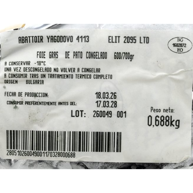 Foie gras de pato congelado calidad extra Le Paysan en envase al vacío Foie gras de pato congelado calidad extra Le Paysan en envase al vacío
