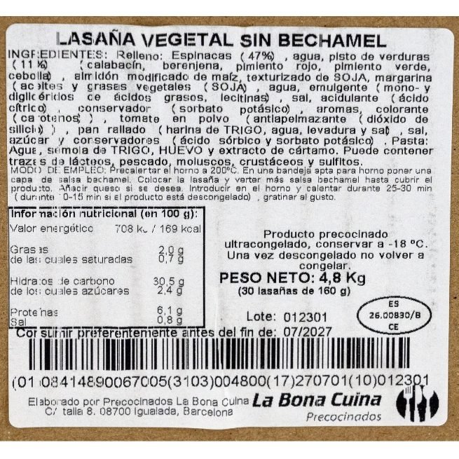 Lasaña vegetal casera sin bechamel congelada en raciones individuales de 160 gramos Lasaña vegetal casera sin bechamel congelada en raciones individuales de 160 gramos