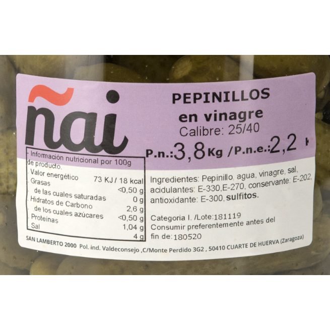 Pepinillos en vinagre calibre 25/40 marca Ñai en cubo de 3,8 kg Pepinillos en vinagre calibre 25/40 marca Ñai en cubo de 3,8 kg
