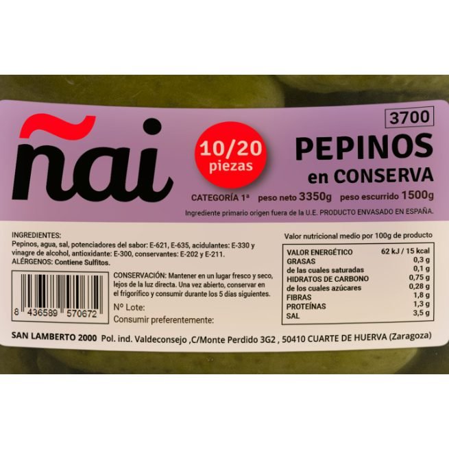 Pepinillos en conserva calibre 10/20 marca Ñai en cubo de 3,35 kg Pepinillos en conserva calibre 10/20 marca Ñai en cubo de 3,35 kg
