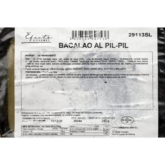 Ración individual de bacalao al pil-pil congelado Efecto Gourmet en envase Ración individual de bacalao al pil-pil congelado Efecto Gourmet en envase