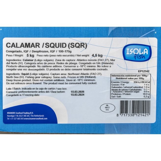 Calamar del Norte congelado IQF en caja de la marca ISOLA fish Calamar del Norte congelado IQF en caja de la marca ISOLA fish