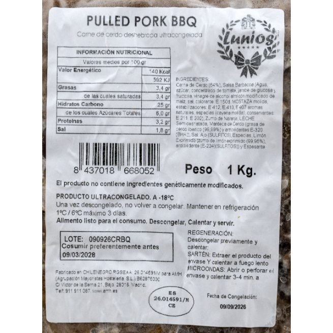 Carne de cerdo mechada con salsa barbacoa congelada en envase Carne de cerdo mechada con salsa barbacoa congelada en envase