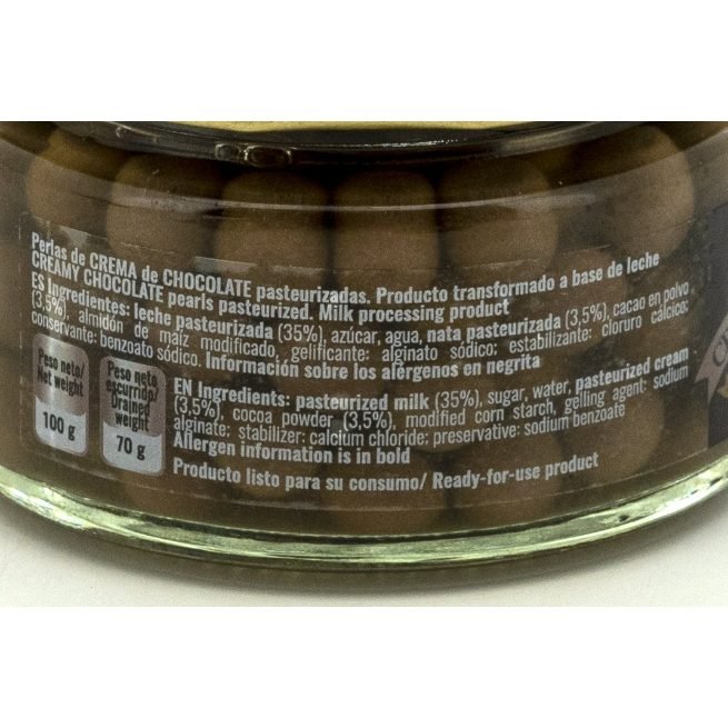 Perlas de crema de chocolate pasteurizadas en tarro de cristal de 100 gramos Perlas de crema de chocolate pasteurizadas en tarro de cristal de 100 gramos