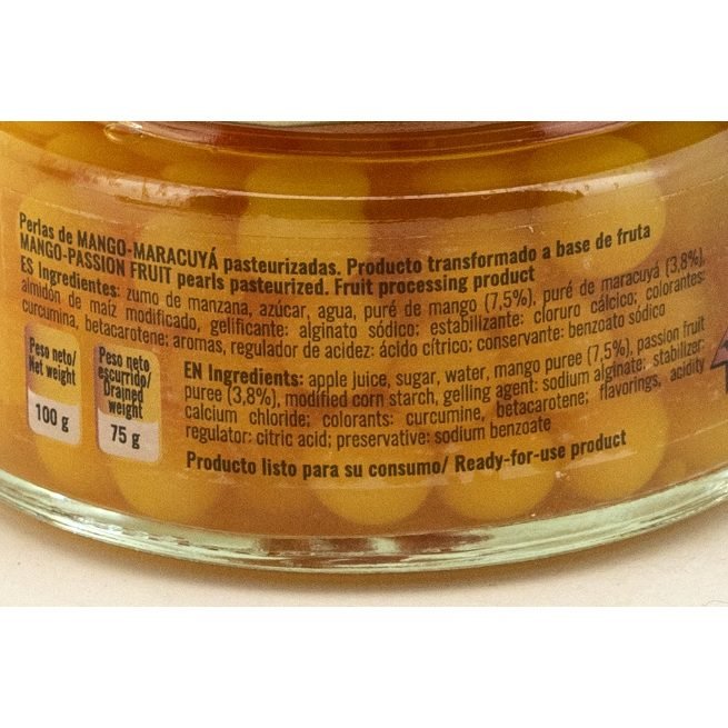 Perlas de mango-maracuyá pasteurizadas en tarro de cristal de 100 gramos Perlas de mango-maracuyá pasteurizadas en tarro de cristal de 100 gramos