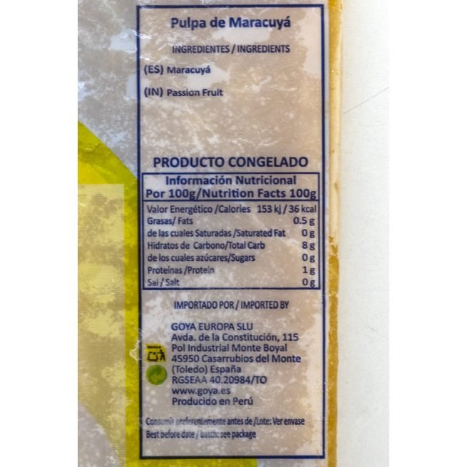 Pulpa de maracuyá congelada Goya en envase de 250 gramos Pulpa de maracuyá congelada Goya en envase de 250 gramos
