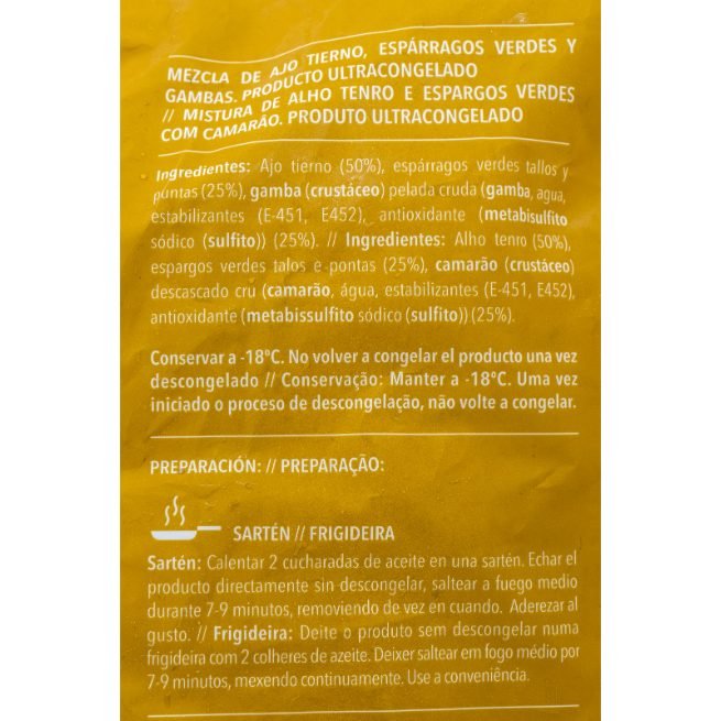 Salteado de gambas, ajetes y trigueros congelado marca JV en envase de 1 kg Salteado de gambas, ajetes y trigueros congelado marca JV en envase de 1 kg