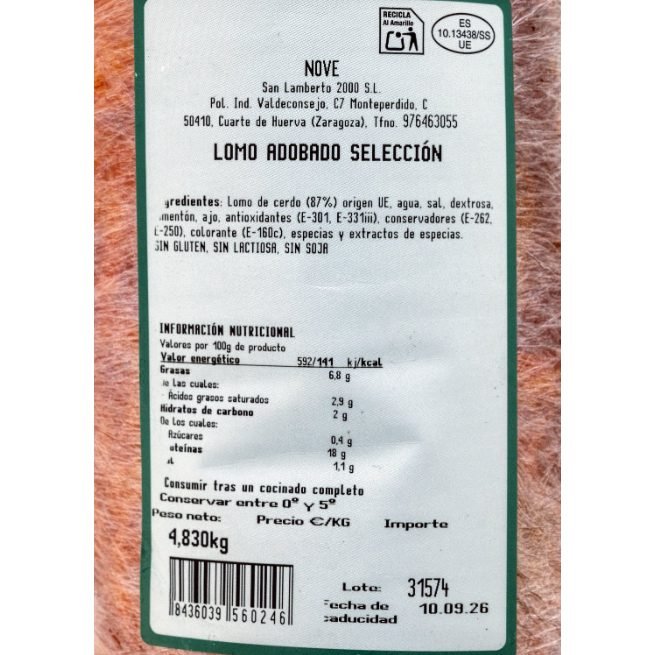 Lomo adobado selección Nove refrigerado listo para consumir en lonchas Lomo adobado selección Nove refrigerado listo para consumir en lonchas