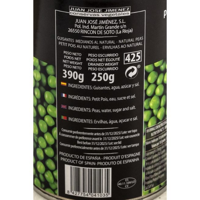 Lata de guisantes medianos al natural calidad extra marca JJJ Lata de guisantes medianos al natural calidad extra marca JJJ