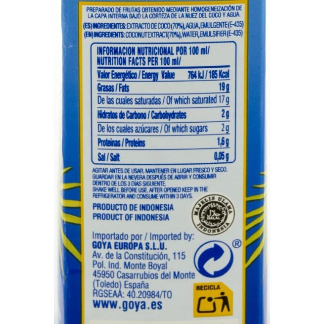 Brick de leche de coco Goya de 500 ml para cocinar Brick de leche de coco Goya de 500 ml para cocinar