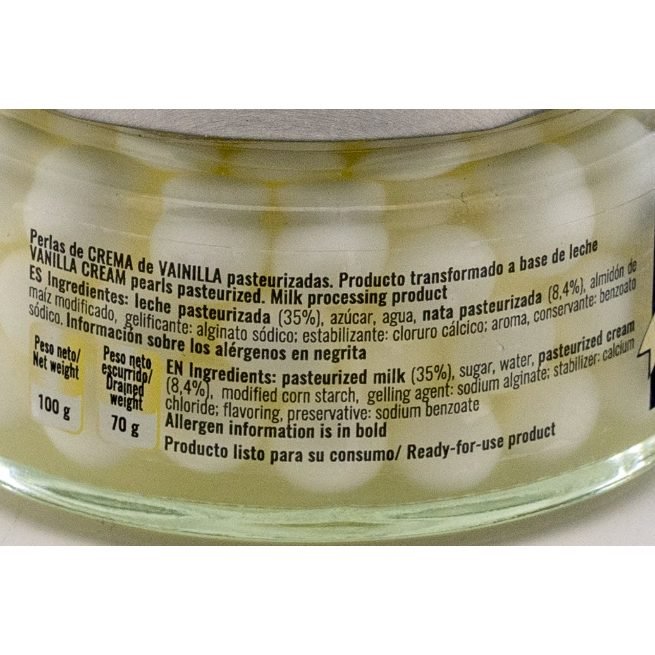 Perlas de crema de vainilla pasteurizadas en tarro de cristal de 100 gramos Perlas de crema de vainilla pasteurizadas en tarro de cristal de 100 gramos