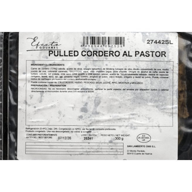 Pulled cordero al pastor congelado en bandeja de 300 gramos Pulled cordero al pastor congelado en bandeja de 300 gramos