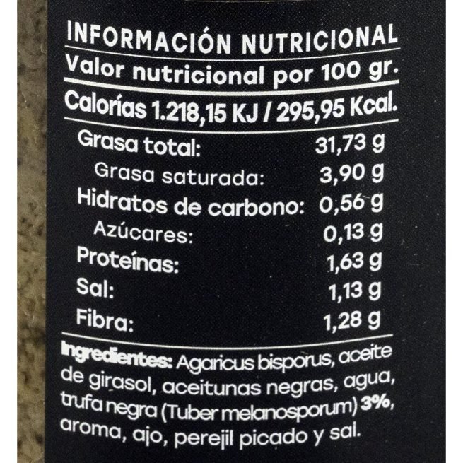 Tarro de cristal de 350g de Salsa Trufada Extra, mostrando una rica pasta oscura de champiñones, aceitunas y trufa negra. Tarro de cristal de 350g de Salsa Trufada Extra, mostrando una rica pasta oscura de champiñones, aceitunas y trufa negra.