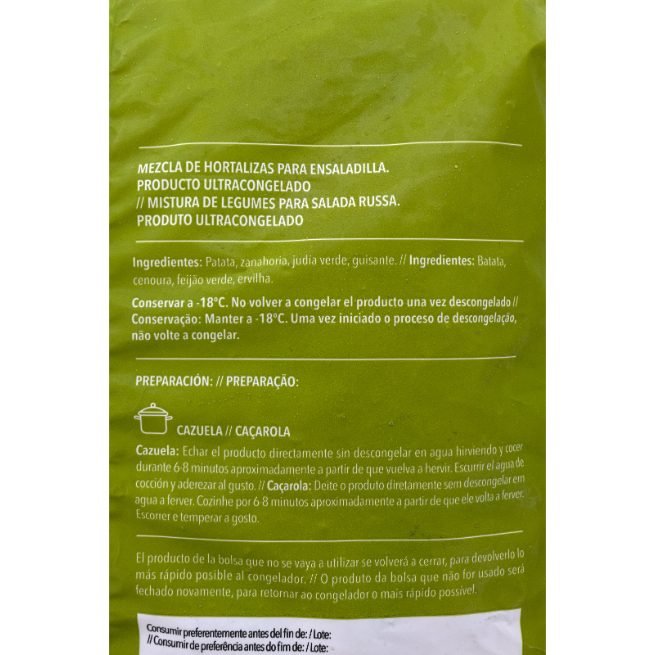 Ensaladilla ultracongelada con patata zanahoria guisantes y judías verdes en bolsa de 1 kg Ensaladilla ultracongelada con patata zanahoria guisantes y judías verdes en bolsa de 1 kg