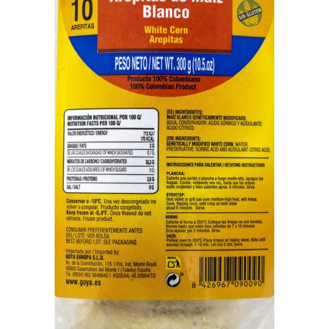 Arepas de maíz blanco congeladas Goya en paquete de 10 unidades Arepas de maíz blanco congeladas Goya en paquete de 10 unidades