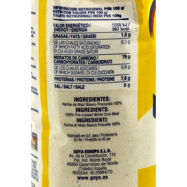 Harina de maíz blanco precocida Goya Masarepa en envase de 1 kg Harina de maíz blanco precocida Goya Masarepa en envase de 1 kg