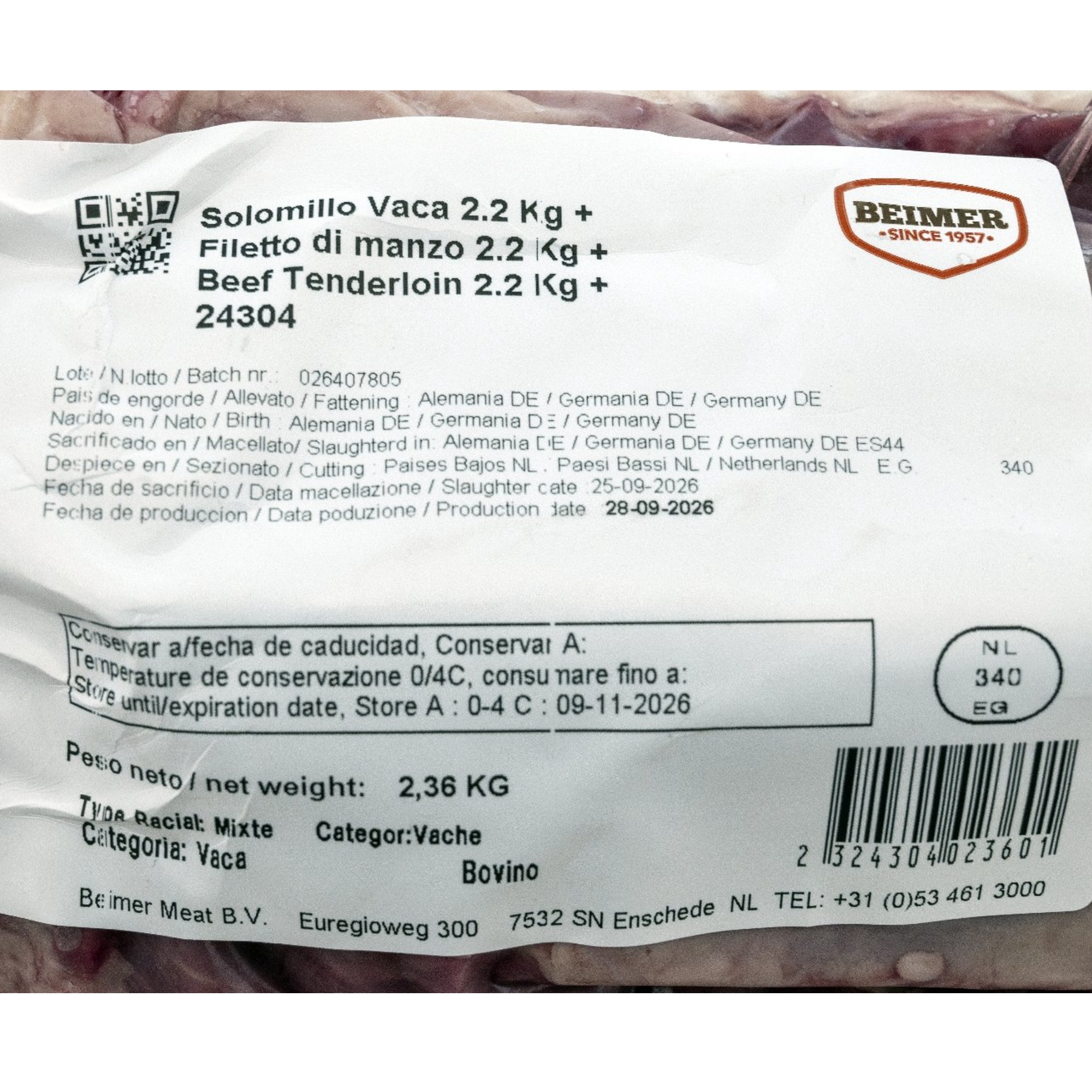 Pieza noble de solomillo de vacuno fresco 2Kg Pieza noble de solomillo de vacuno fresco 2Kg
