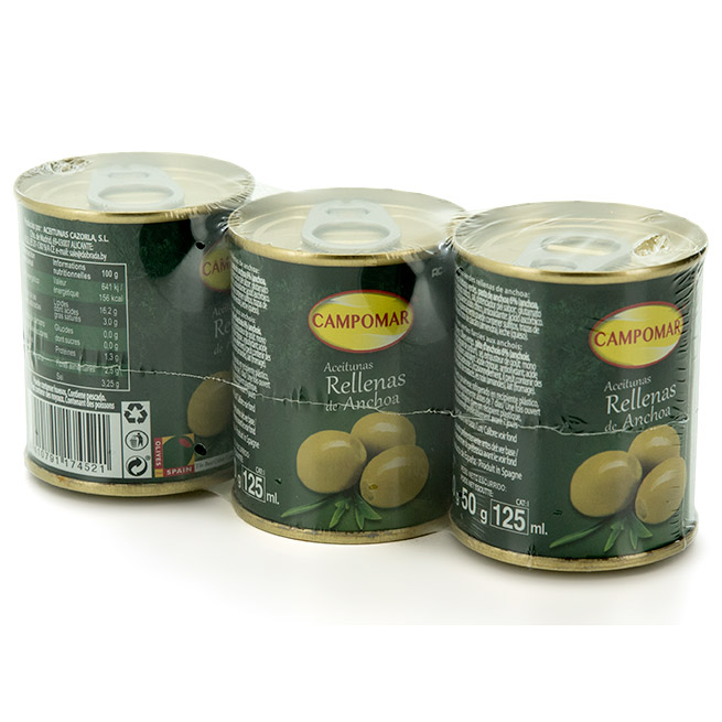 Aceitunas verdes rellenas de anchoa Carrefour pack de 3 unidades de 150 g.
