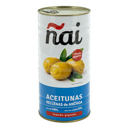 Aceitunas Verdes Manzanilla Rellenas de Anchoa ÑAI Selección Tamaño Grande (Lata RO-1500)