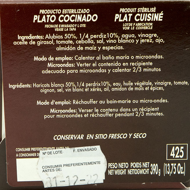 Alubias con perdiz Ñai en envase de 390 gramos, plato cocinado sin gluten Alubias con perdiz Ñai en envase de 390 gramos, plato cocinado sin gluten