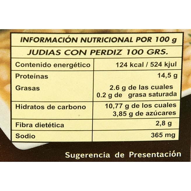 Alubias con perdiz Ñai en envase de 390 gramos, plato cocinado sin gluten Alubias con perdiz Ñai en envase de 390 gramos, plato cocinado sin gluten