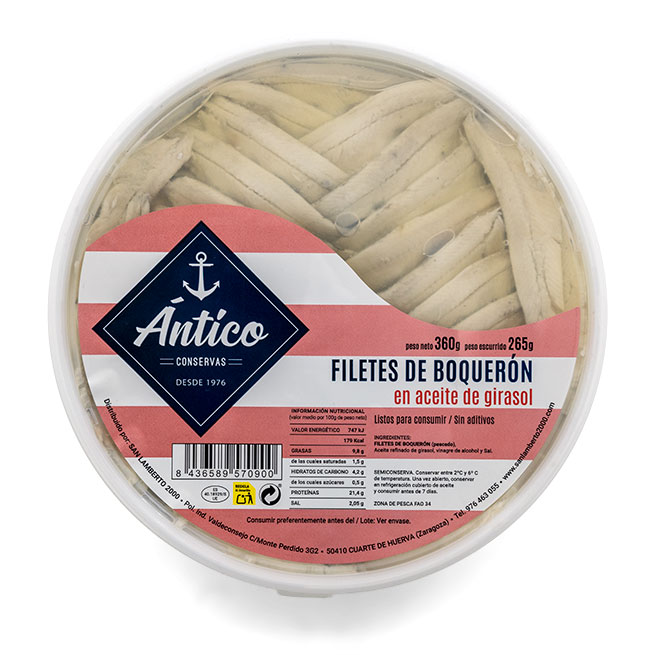 Boquerones del Cantábrico en Aceite de Girasol AnticoTarrina 350 g Boquerones del Cantábrico en Aceite de Girasol AnticoTarrina 350 g