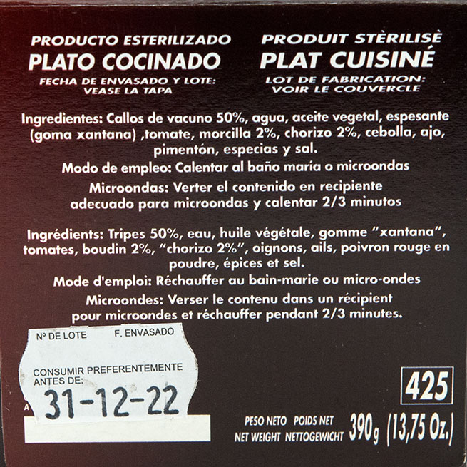 Callos de ternera cocinados marca Ñai en envase de 390 gramos Callos de ternera cocinados marca Ñai en envase de 390 gramos