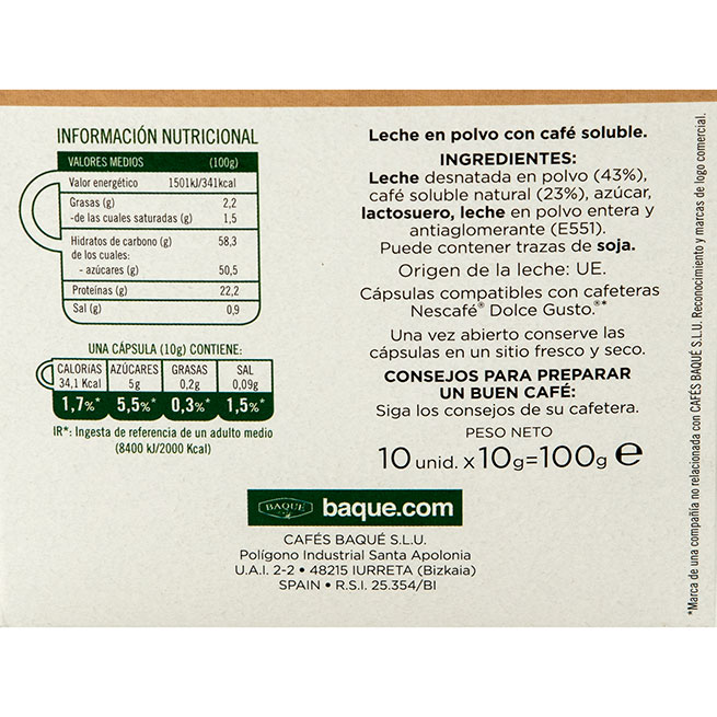 Con leche sin lactosa 10 cápsulas compatibles Dolce Gusto® - Cafés Baqué