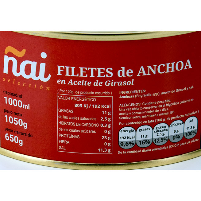 Filete de anchoa 1100Gr Ñai extra Filete de anchoa 1100Gr Ñai extra