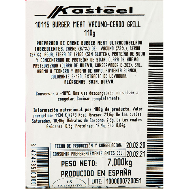 Hamburguesa de 110 gr mixta vacuno-cerdo grill - 7 Kg Hamburguesa de 110 gr mixta vacuno-cerdo grill - 7 Kg