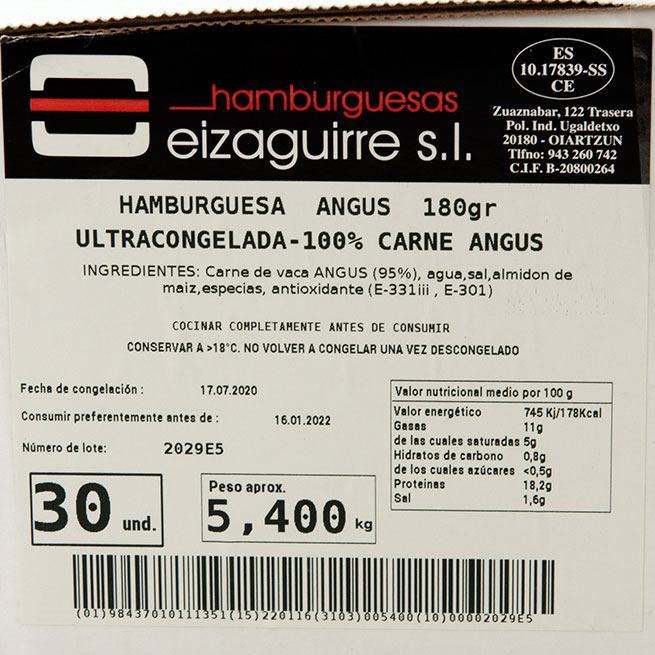 Hamburguesa premium 100% black angus 30 Ud x 180 Gr (diametro 10,5 Cm)