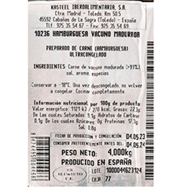 Hamburguesa de carne de vacuno madurada congelada marca Kasteel de 200 gramos Hamburguesa de carne de vacuno madurada congelada marca Kasteel de 200 gramos