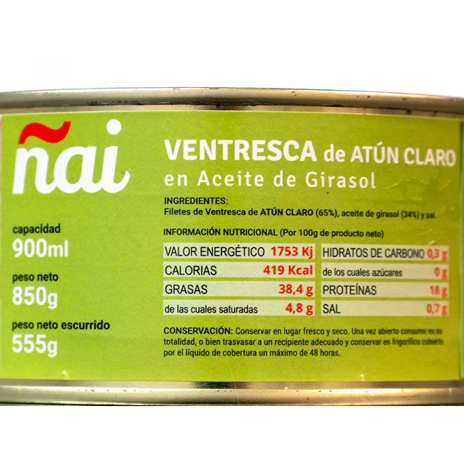 Lata de ventresca de atún claro Ñai en aceite de girasol 850 gramos Lata de ventresca de atún claro Ñai en aceite de girasol 850 gramos
