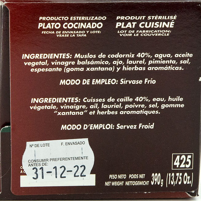 Muslos de codorniz en escabeche Ñai en envase de 390 gramos Muslos de codorniz en escabeche Ñai en envase de 390 gramos