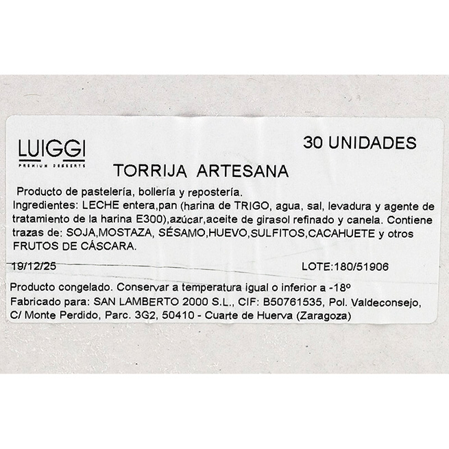 Torrija artesana 30Ud de 130Gr Torrija artesana 30Ud de 130Gr