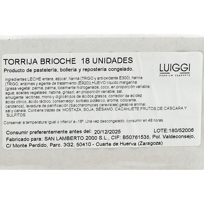 Torrija tipo brioche 18Ud de 110Gr Torrija tipo brioche 18Ud de 110Gr